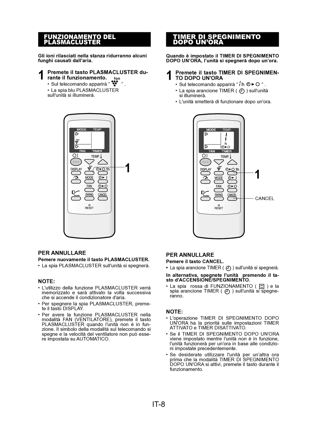 Sharp AE-A12KR, AY-AP24KR, AY-AP18KR IT-8, Funzionamento DEL Plasmacluster, Timer DI Spegnimento Dopo UN’ORA, To Dopo Unora 