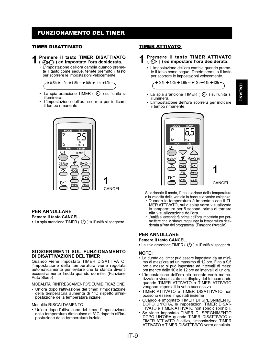 Sharp AE-A24KR, AY-AP24KR, AY-AP18KR, AY-AP12KR, AY-AP9KR IT-9, Funzionamento DEL Timer, Timer Disattivato, Timer Attivato 