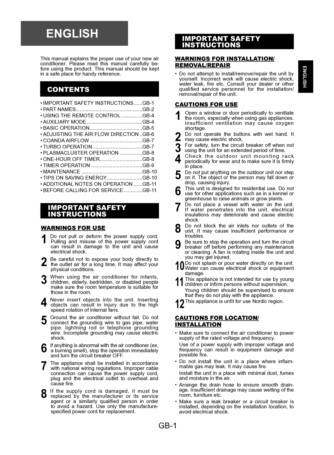 Sharp AY-AP9KR, AY-AP24KR, AY-AP18KR, AY-AP12KR, AE-A9KR, AE-A18KR, AE-A12KR GB-1, Contents, Important Safety Instructions 