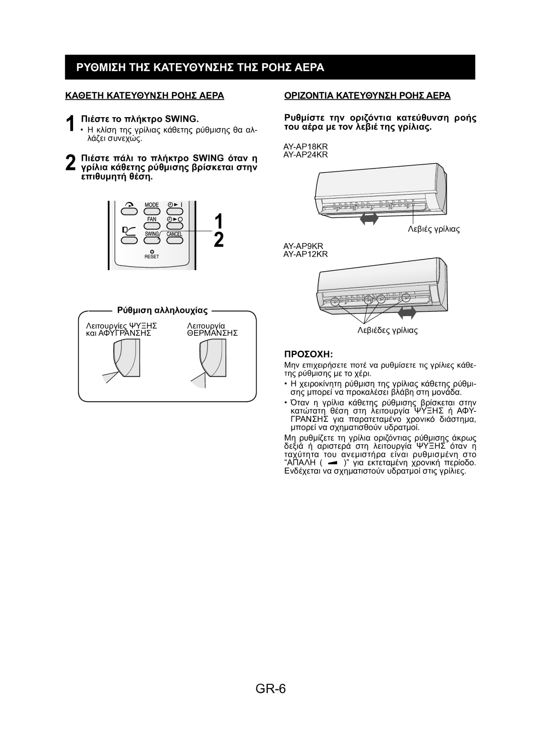 Sharp AY-AP24KR, AE-A9KR GR-6, Ρυθμιση ΤΗΣ Κατευθυνσησ ΤΗΣ Ροησ Αερα, Καθετη Κατευθυνση Ροησ Αερα, Πιέστε το πλήκτρο Swing 