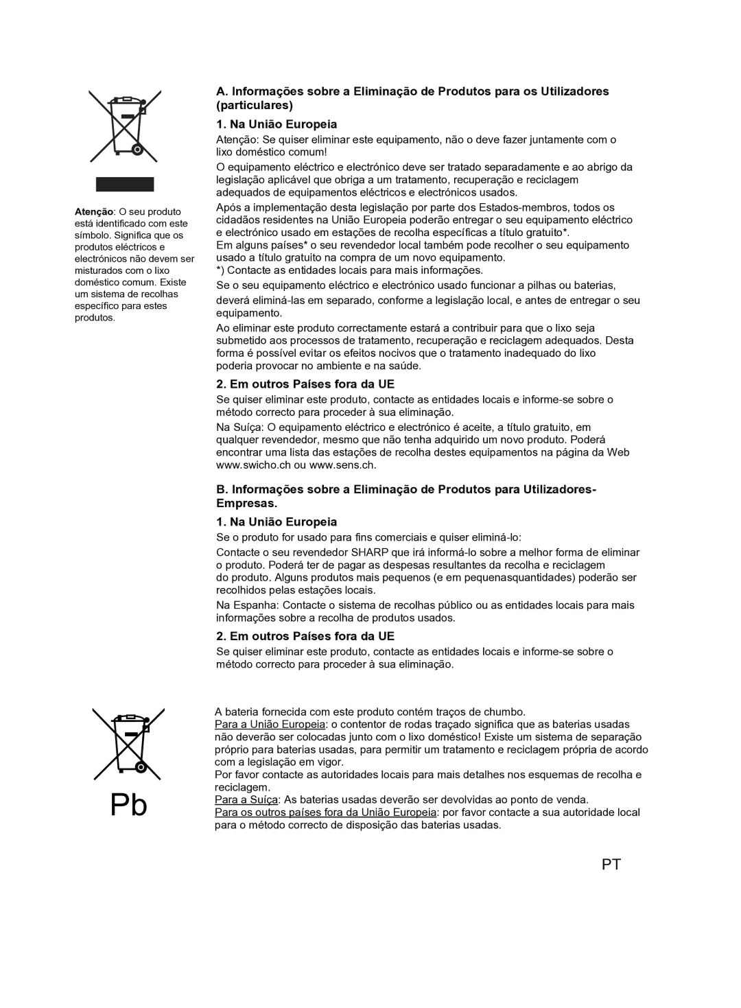 Sharp AE-A12KR, AY-AP24KR, AY-AP18KR, AY-AP12KR, AY-AP9KR, AE-A9KR, AE-A18KR, AE-A24KR Em outros Países fora da UE 