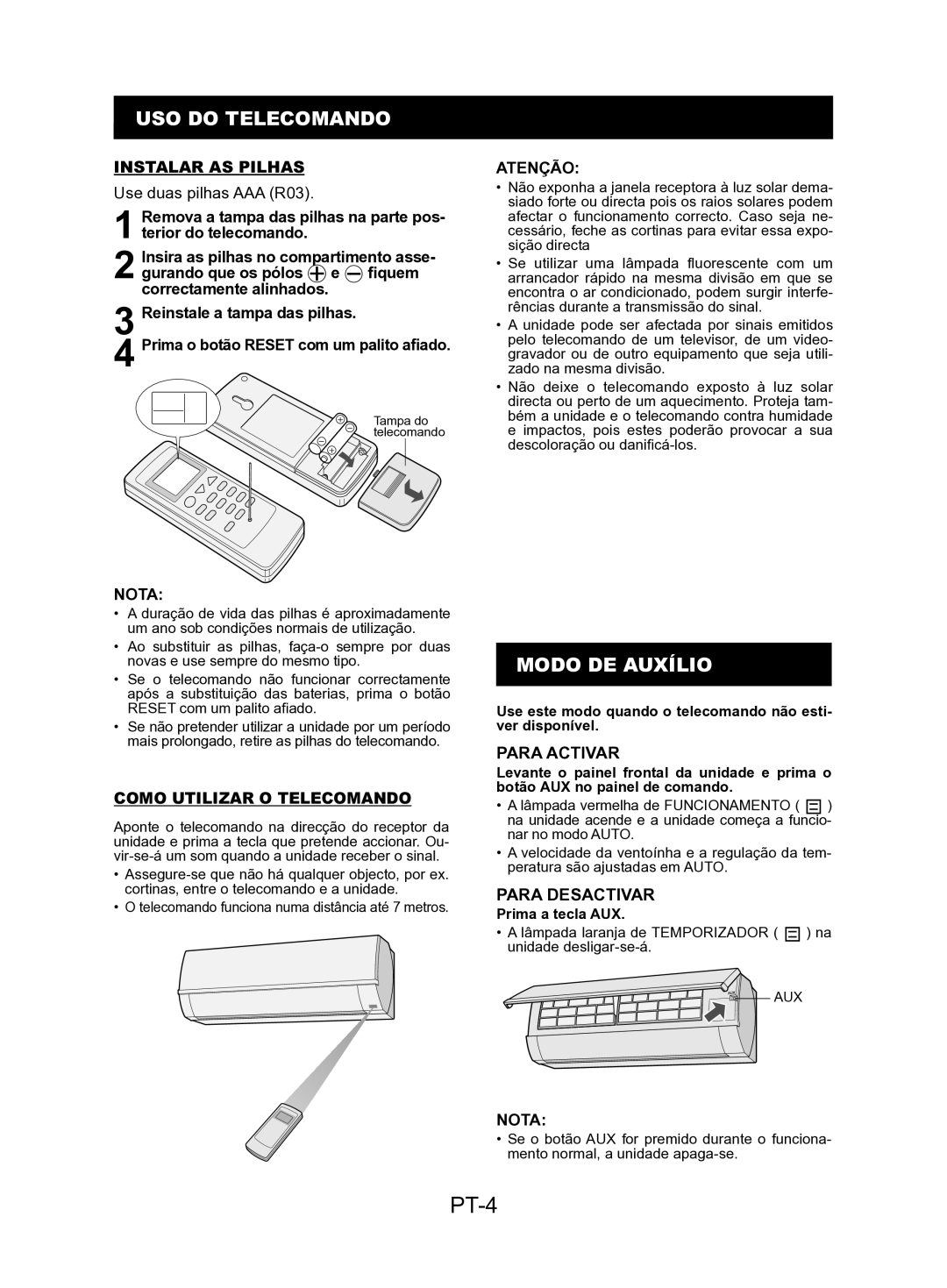 Sharp AY-AP12KR, AY-AP24KR, AY-AP18KR, AY-AP9KR PT-4, USO do Telecomando, Modo DE Auxílio, Para Activar, Para Desactivar 