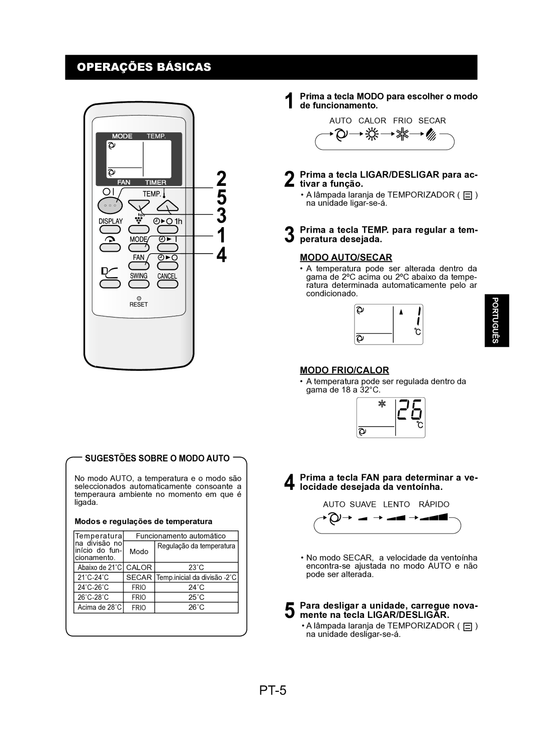 Sharp AY-AP9KR, AY-AP24KR, AY-AP18KR PT-5, Operações Básicas, Sugestões Sobre O Modo Auto, Modo AUTO/SECAR, Modo FRIO/CALOR 