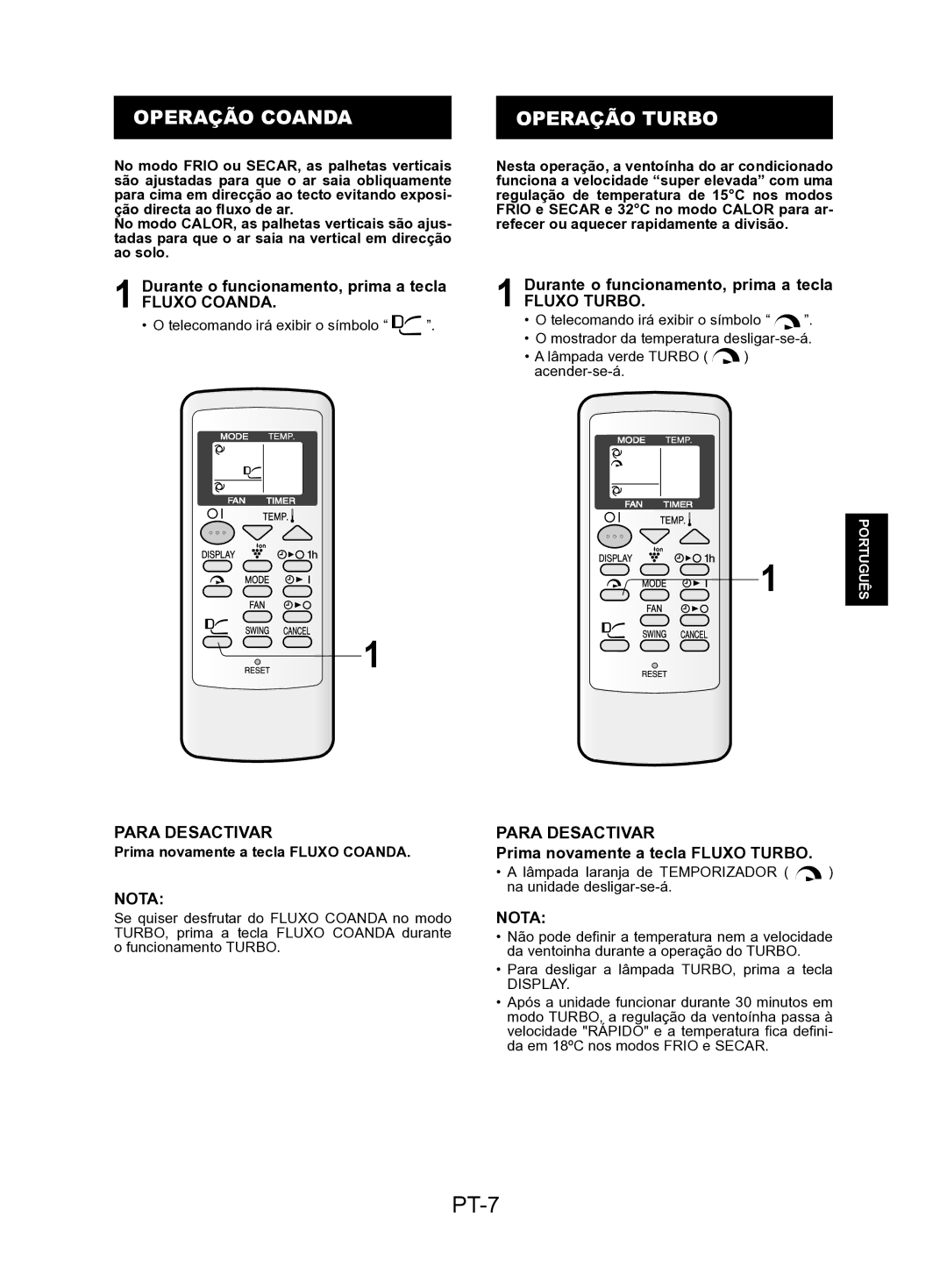 Sharp AE-A18KR, AY-AP24KR, AY-AP18KR, AY-AP12KR, AY-AP9KR PT-7, Operação Coanda Operação Turbo, Fluxo Coanda, Fluxo Turbo 