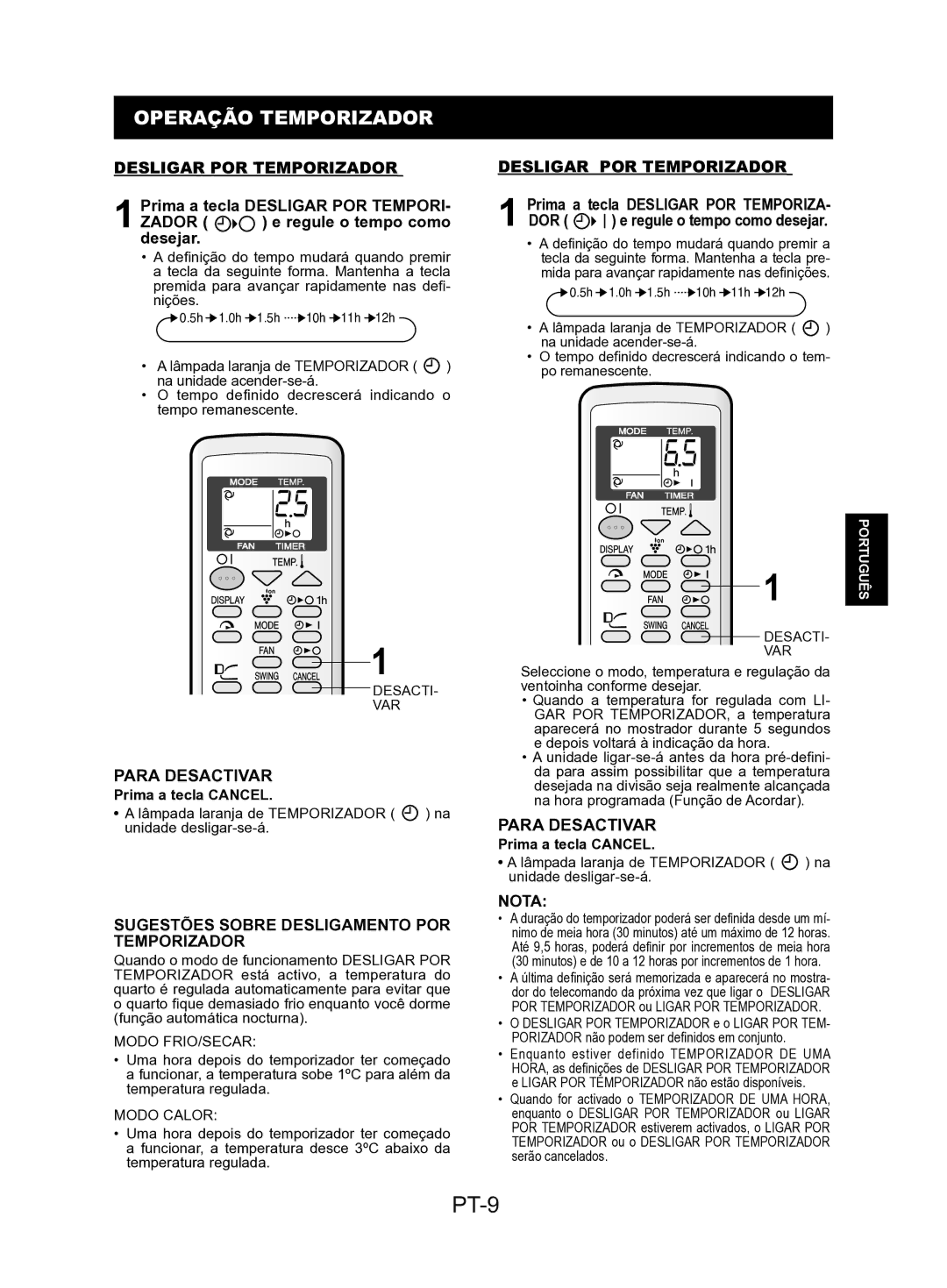 Sharp AE-A24KR PT-9, Operação Temporizador, Desligar POR Temporizador, Sugestões Sobre Desligamento POR Temporizador 