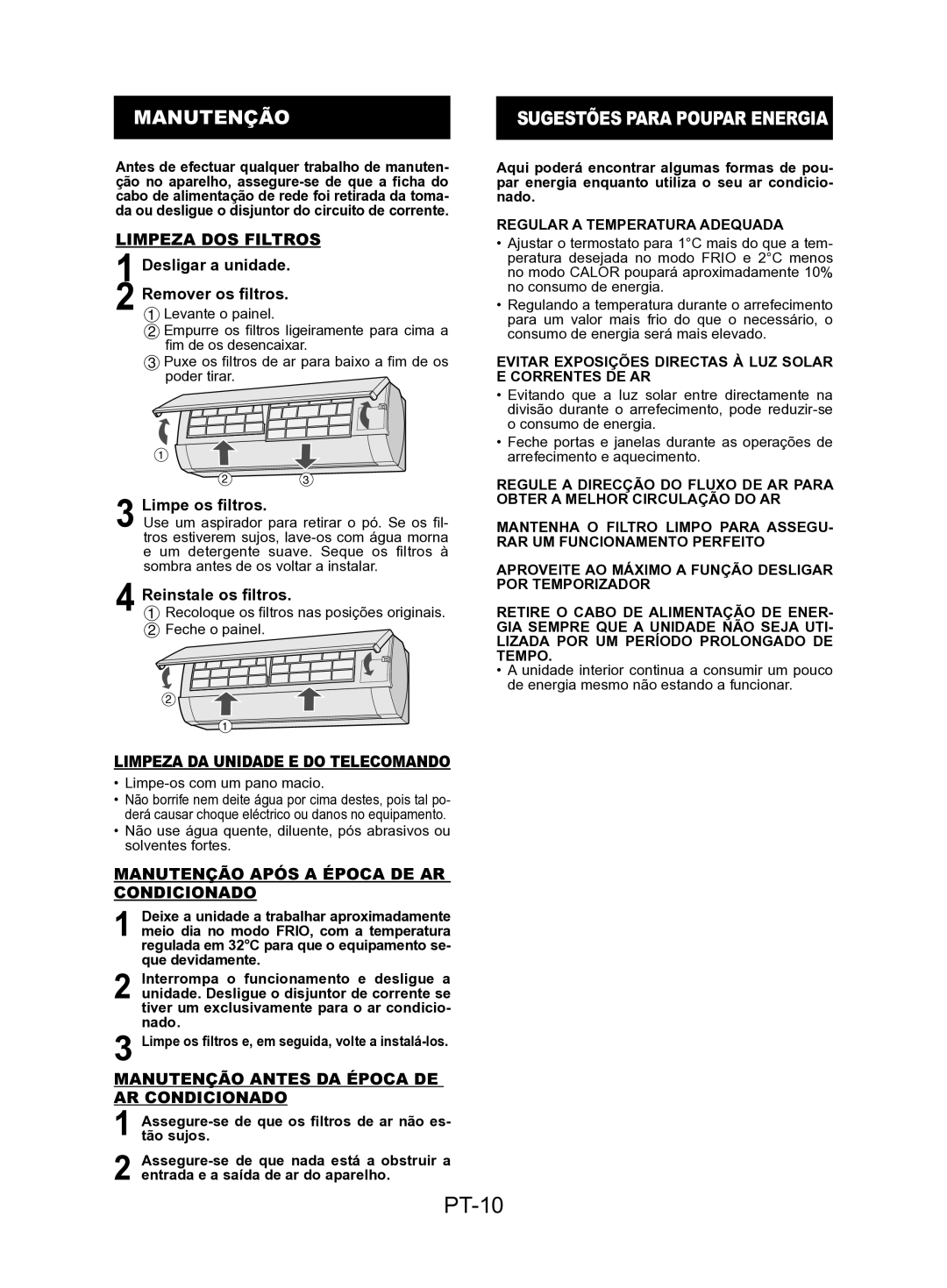 Sharp AY-AP24KR, AY-AP18KR, AY-AP12KR, AY-AP9KR, AE-A9KR, AE-A18KR, AE-A12KR, AE-A24KR operation manual PT-10, Manutenção 