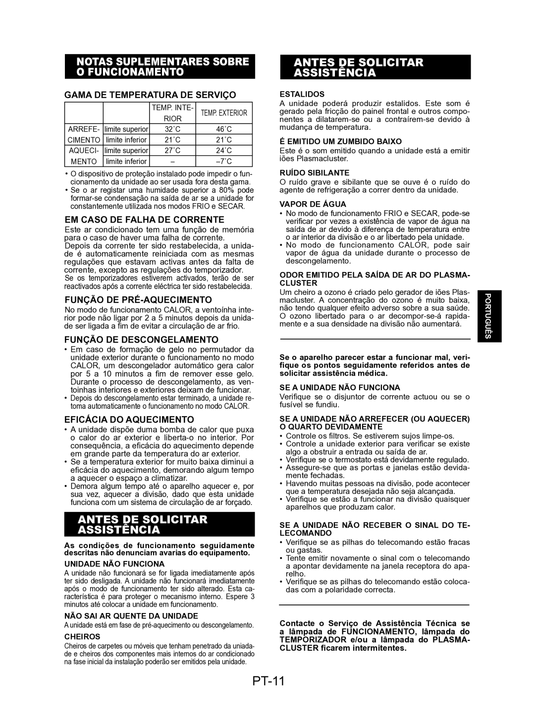 Sharp AY-AP18KR, AY-AP24KR, AY-AP12KR PT-11, Notas Suplementares Sobre O Funcionamento, Antes DE Solicitar Assistência 