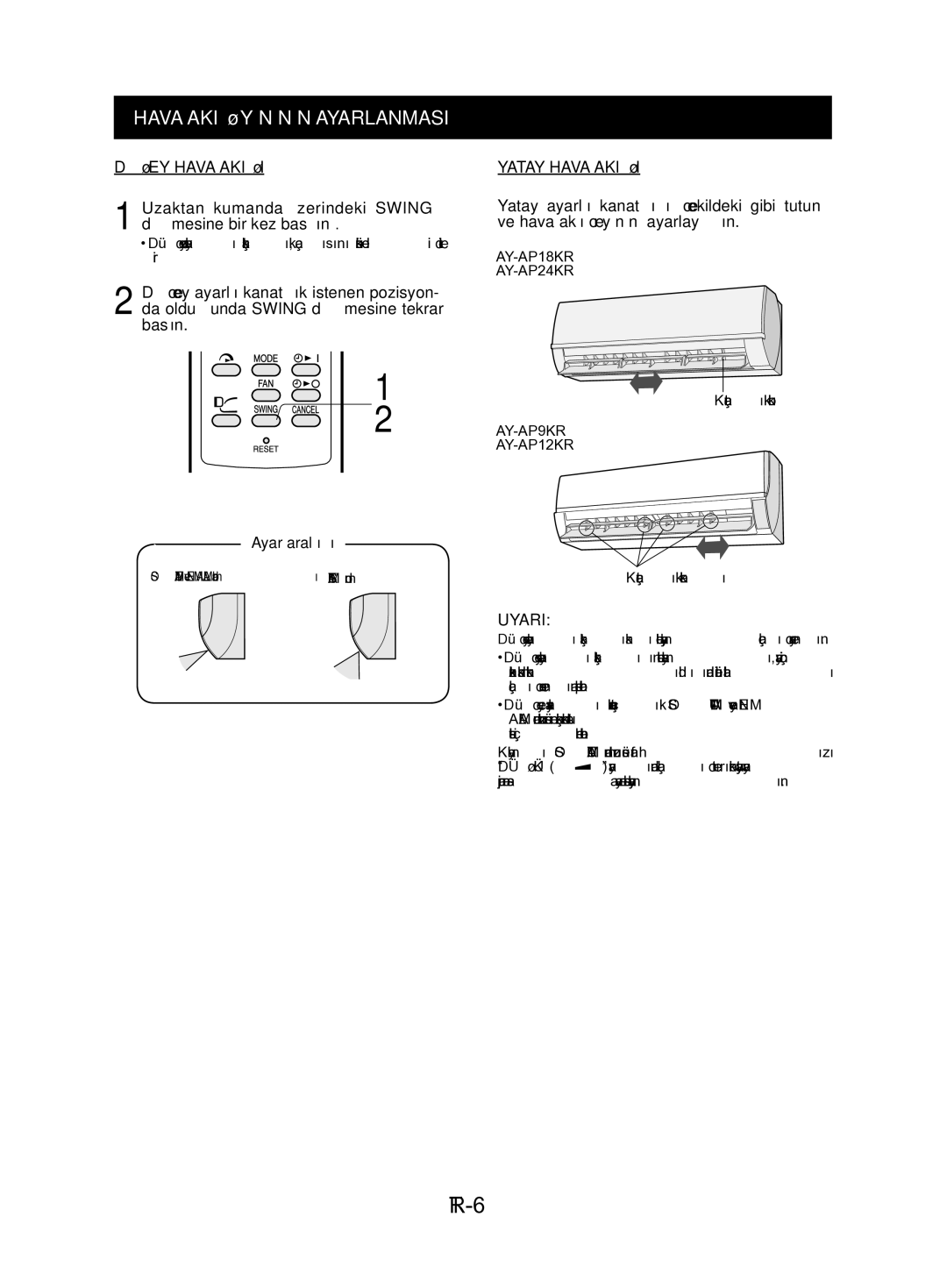 Sharp AY-AP24KR, AY-AP18KR, AY-AP12KR, AY-AP9KR TR-6, Hava Akiş Yönünün Ayarlanmasi, Düşey Hava Akişi, Yatay Hava Akişi 