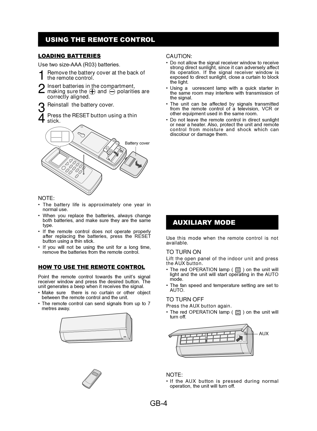 Sharp AE-A12KR, AY-AP24KR, AY-AP18KR, AY-AP12KR GB-4, Using the Remote Control, Auxiliary Mode, To Turn on, To Turn OFF 