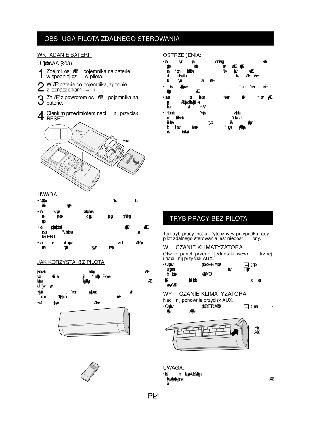 Sharp AY-AP12KR, AY-AP24KR PL-4, Obsługa Pilota Zdalnego Sterowania, Tryb Pracy BEZ Pilota, Włączanie Klimatyzatora 