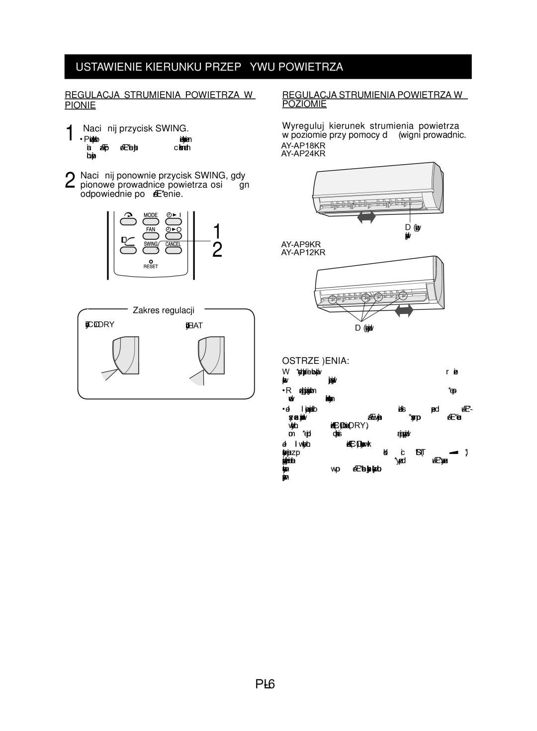 Sharp AE-A9KR, AY-AP24KR, AY-AP18KR PL-6, Ustawienie Kierunku Przepływu Powietrza, Regulacja Strumienia Powietrza W Pionie 
