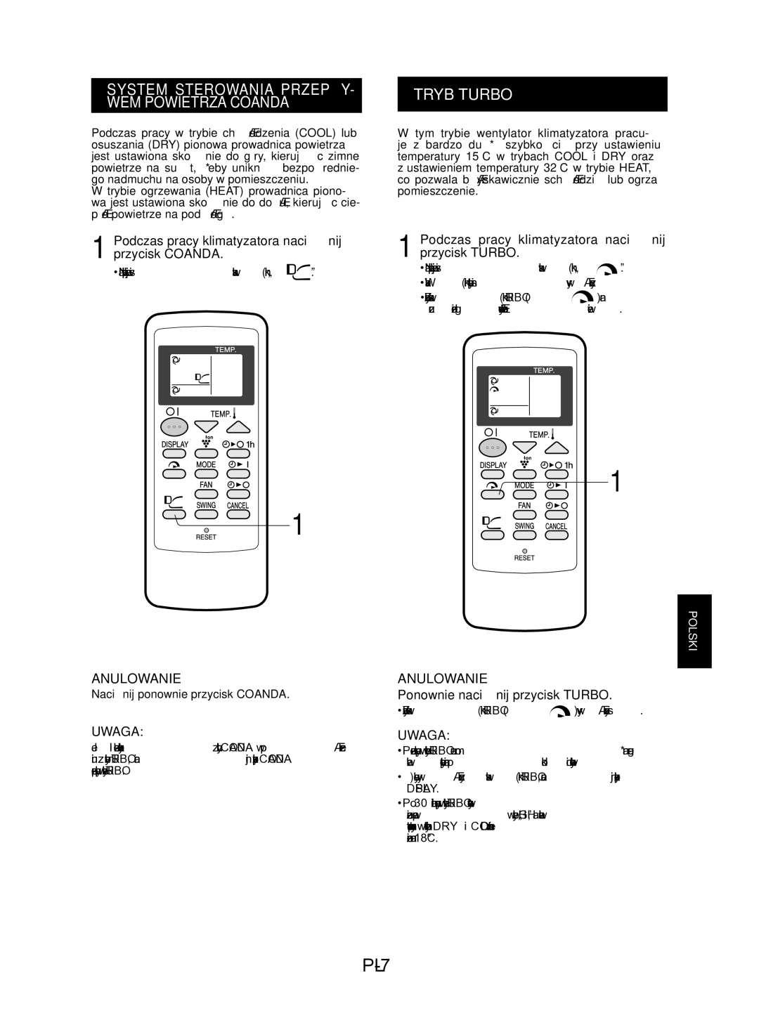 Sharp AE-A18KR, AY-AP24KR, AY-AP18KR, AY-AP12KR, AY-AP9KR, AE-A9KR, AE-A12KR, AE-A24KR PL-7, Tryb Turbo, Anulowanie 