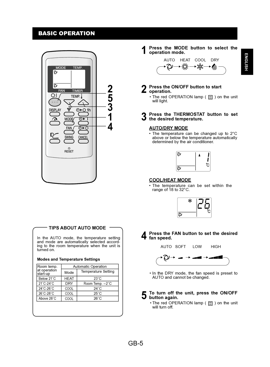 Sharp AE-A24KR, AY-AP24KR, AY-AP18KR, AY-AP12KR GB-5, Basic Operation, Tips about Auto Mode, AUTO/DRY Mode, COOL/HEAT Mode 