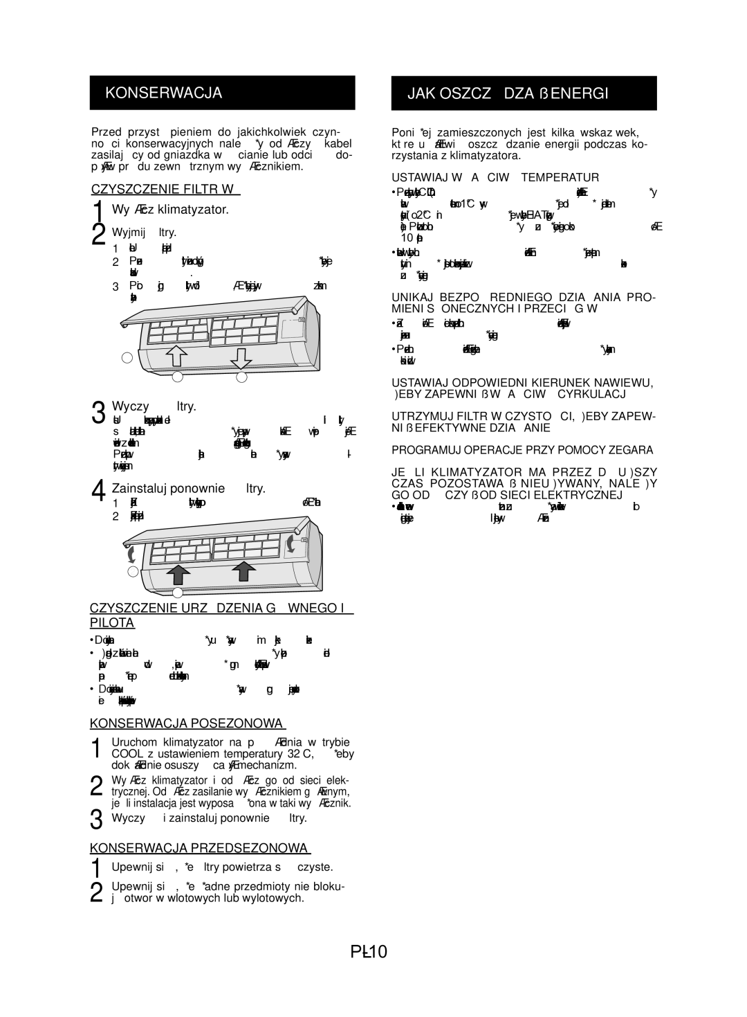 Sharp AY-AP24KR, AY-AP18KR, AY-AP12KR, AY-AP9KR, AE-A9KR, AE-A18KR, AE-A12KR PL-10, Konserwacja, JAK Oszczędzać Energię 