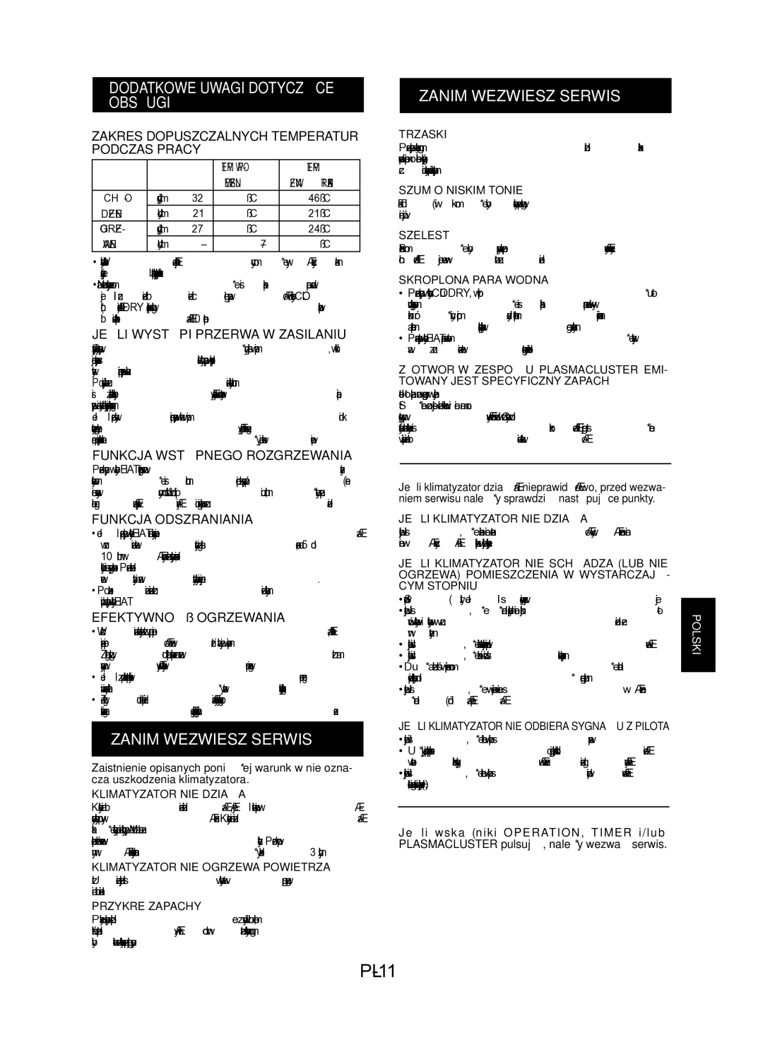 Sharp AY-AP18KR, AY-AP24KR, AY-AP12KR, AY-AP9KR, AE-A9KR PL-11, Dodatkowe Uwagi Dotyczące Obsługi, Zanim Wezwiesz Serwis 