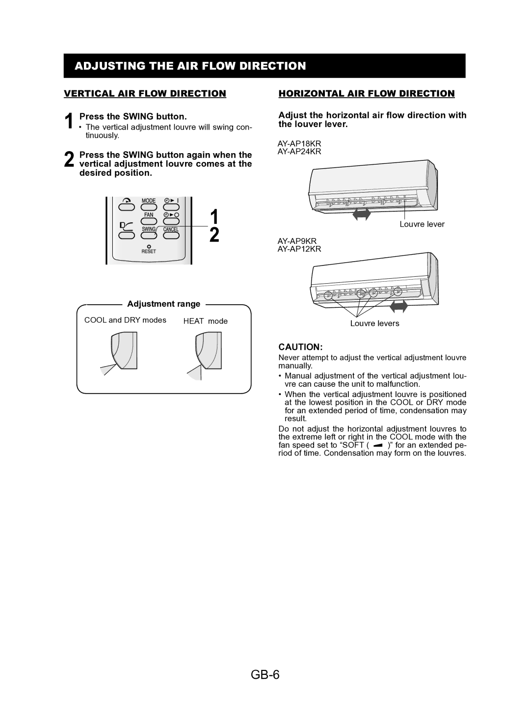 Sharp AY-AP24KR, AY-AP18KR GB-6, Adjusting the AIR Flow Direction, Vertical AIR Flow Direction, Press the Swing button 