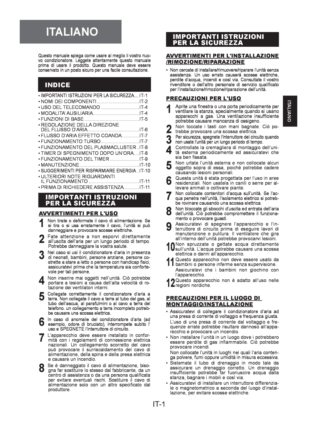 Sharp AE-A24KR Italiano, IT-1, Indice, Importanti Istruzioni Per La Sicurezza, Avvertimenti Per Luso, Precauzioni Per Luso 