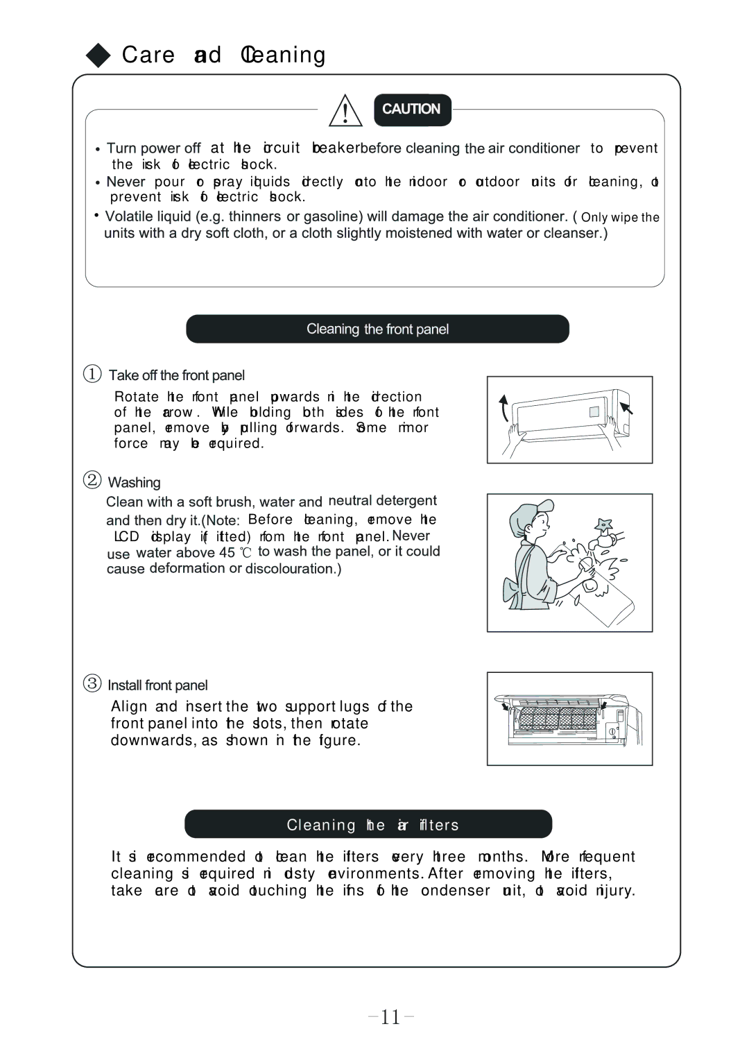 Sharp AY-X12LCJ, AY-X18LCJ, AY-X09LCJ, AE-X12LCJ, AE-X18LCJ, AE-X09LCJ operation manual Care and Cleaning 