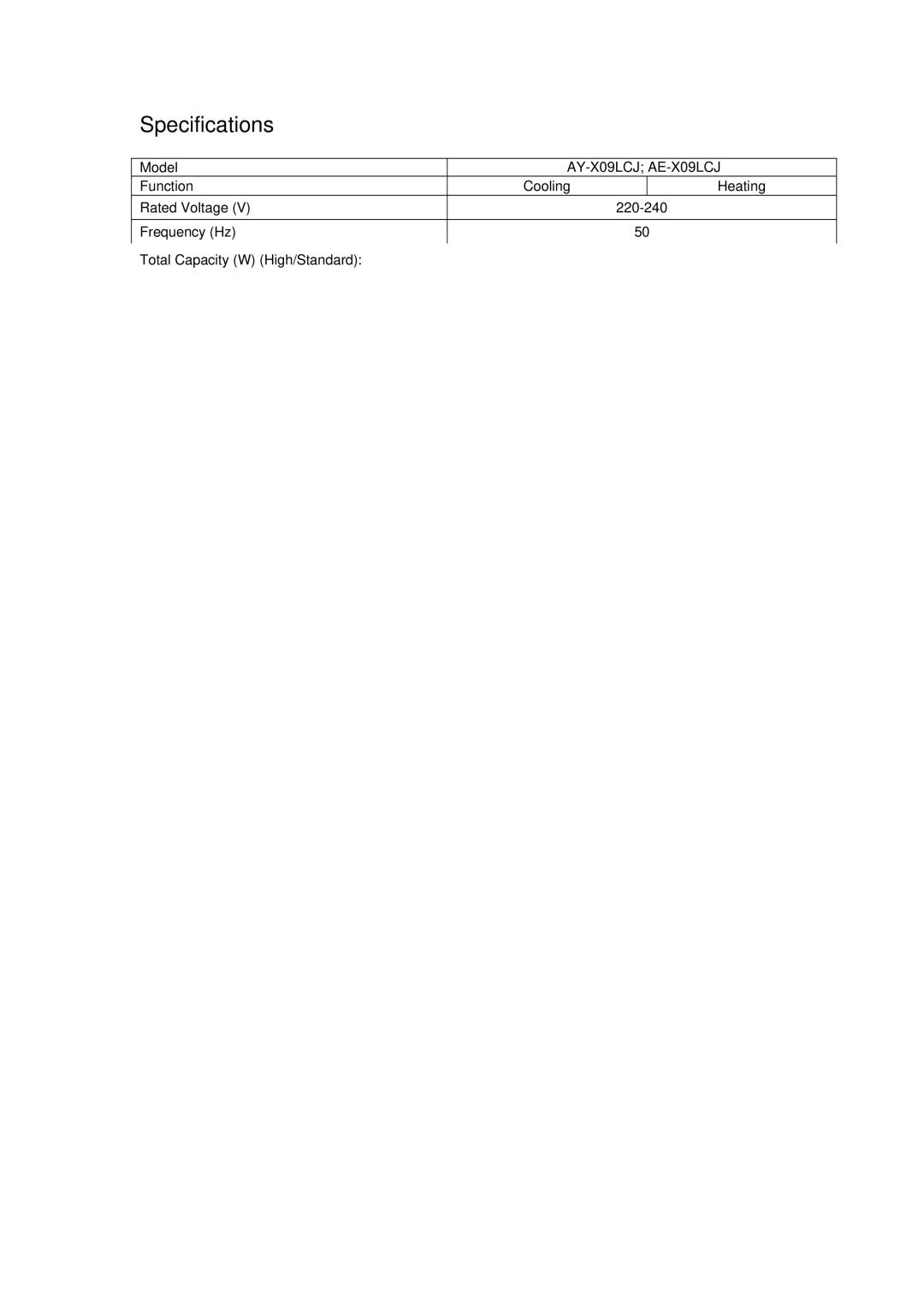 Sharp AE-X12LCJ, AY-X18LCJ, AY-X09LCJ, AY-X12LCJ, AE-X18LCJ, AE-X09LCJ operation manual Specifications 