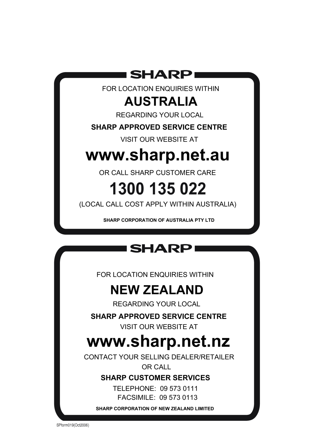 Sharp AE-X18LCJ, AY-X18LCJ, AY-X09LCJ Sharp Approved Service Centre, Sharp Customer Services, 1300, Australia, New Zealand 