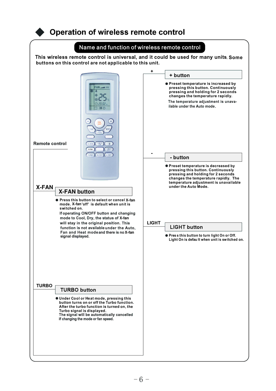 Sharp AY-X18MCJ, AY-X09MCJ, AY-X12MCJ, AE-X12MCJ, AE-X09MC0J operation manual Name and function of wireless remote control 