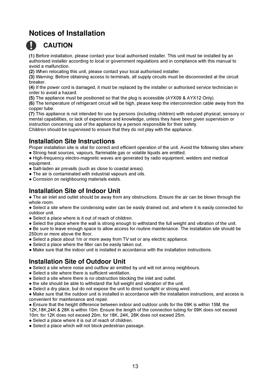 Sharp AY-X09NCJ Installation Site Instructions, Installation Site of Indoor Unit, Installation Site of Outdoor Unit 