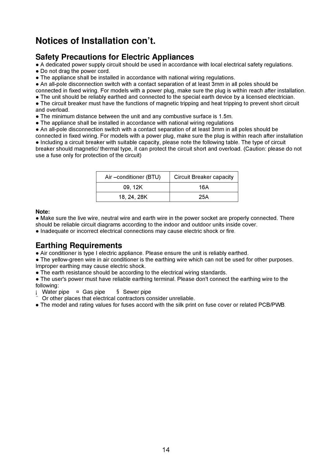 Sharp AY-X18NCJ, AY-X28NCJ, AY-X24NCJ, AY-X12NCJ, AY-X09NCJ Safety Precautions for Electric Appliances, Earthing Requirements 