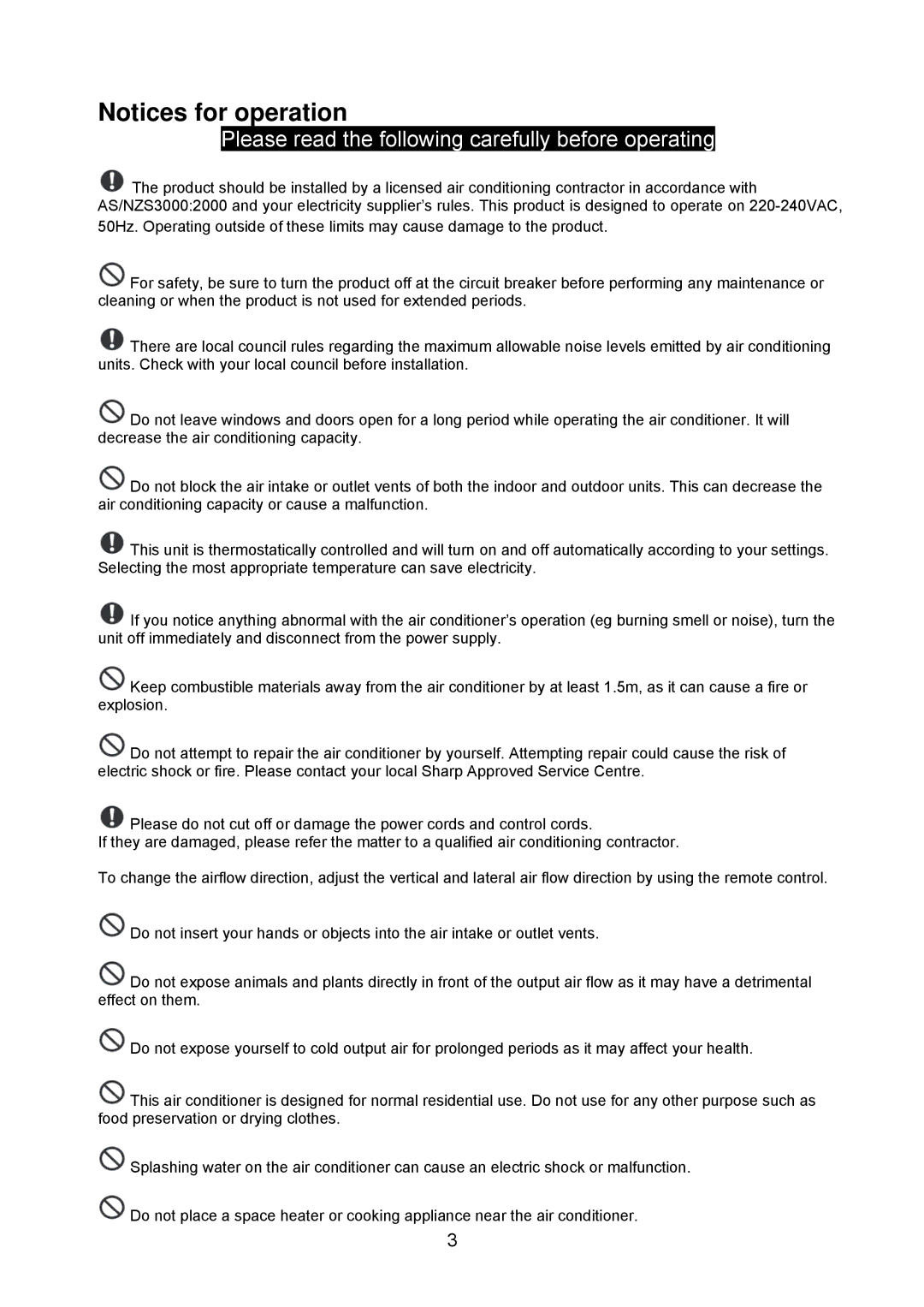 Sharp AY-X09NCJ, AY-X28NCJ, AY-X24NCJ, AY-X12NCJ, AY-X18NCJ, AE-X24NCJ Please read the following carefully before operating 