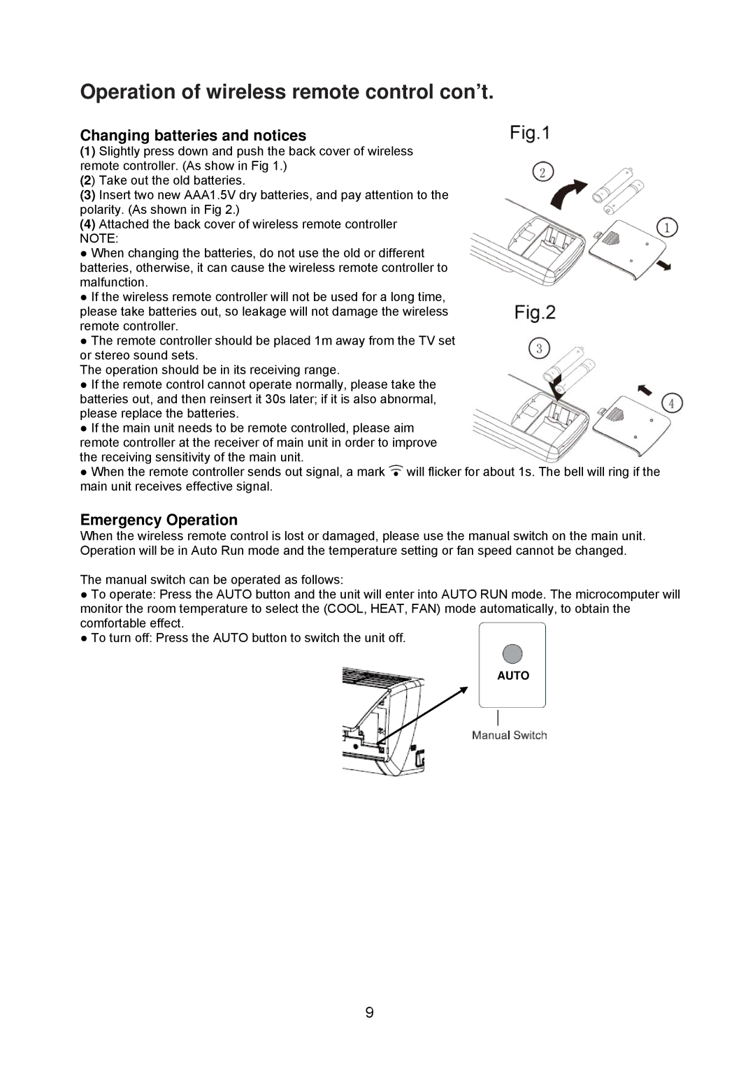 Sharp AE-X12NCJ, AY-X28NCJ, AY-X24NCJ, AY-X12NCJ, AY-X09NCJ, AY-X18NCJ Changing batteries and notices, Emergency Operation 