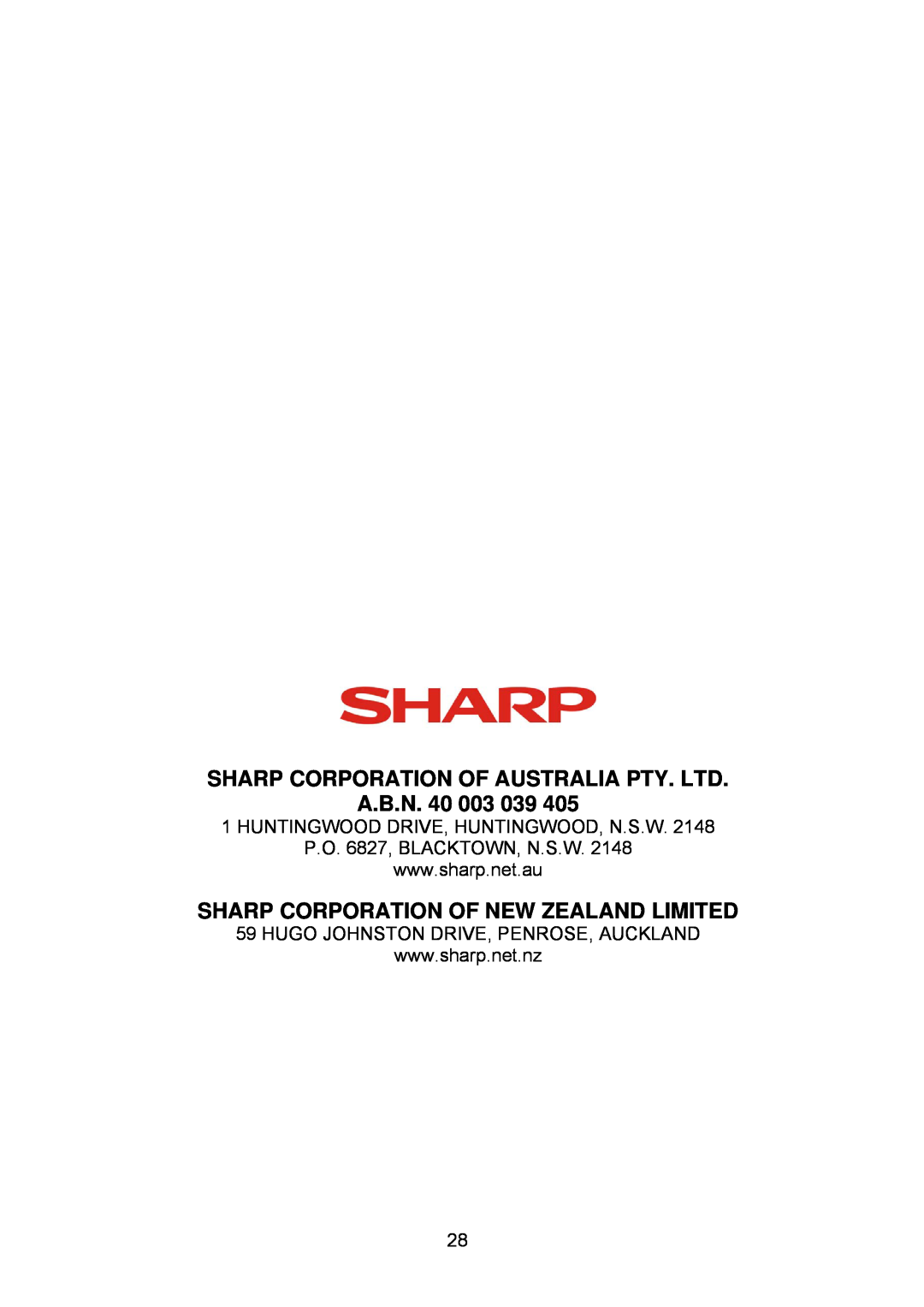 Sharp AE-X28NCJ, AY-X28NCJ A.B.N, Sharp Corporation Of New Zealand Limited, Huntingwood Drive, Huntingwood, N.S.W 