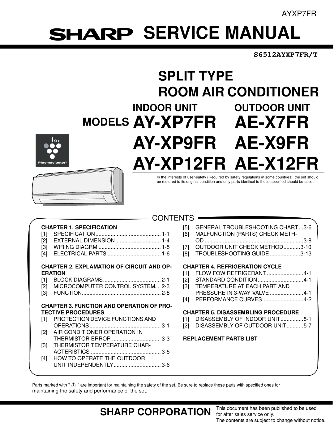 Sharp AE-X12FR service manual Models AY-XP7FR AE-X7FR AY-XP9FR AE-X9FR AY-XP12FR 