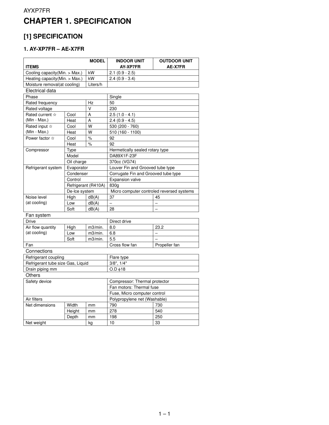 Sharp AY-XP9FR, AY-XP12FR, AE-X9FR, AE-X12FR service manual Specification, AY-XP7FR AE-X7FR 