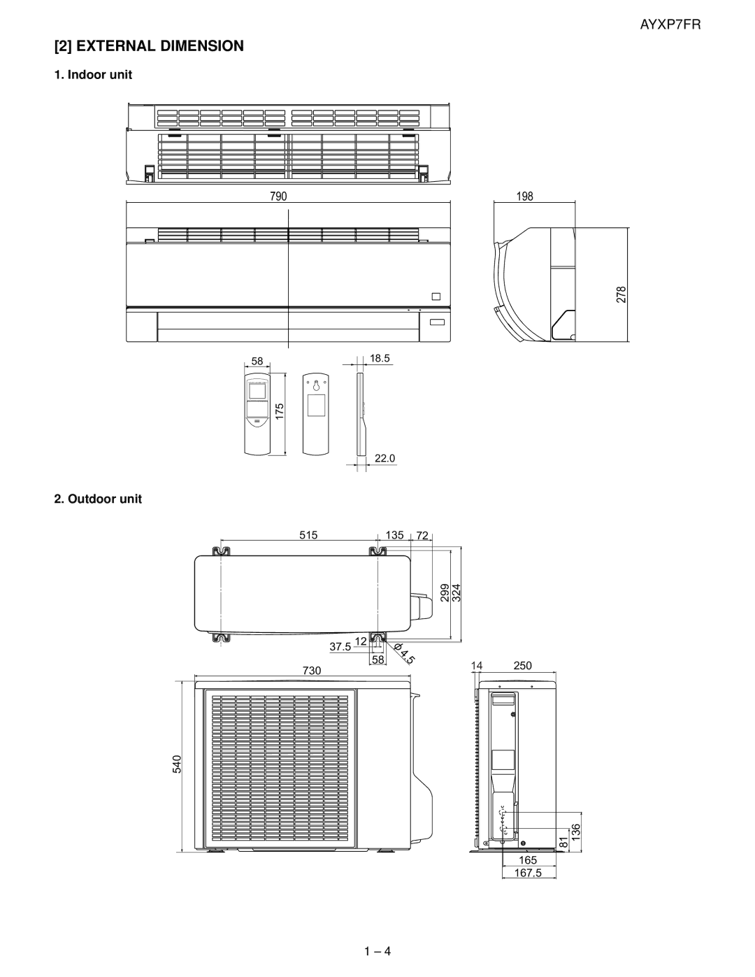 Sharp AE-X12FR, AY-XP12FR, AY-XP7FR, AY-XP9FR, AE-X7FR, AE-X9FR service manual External Dimension, Indoor unit, Outdoor unit 