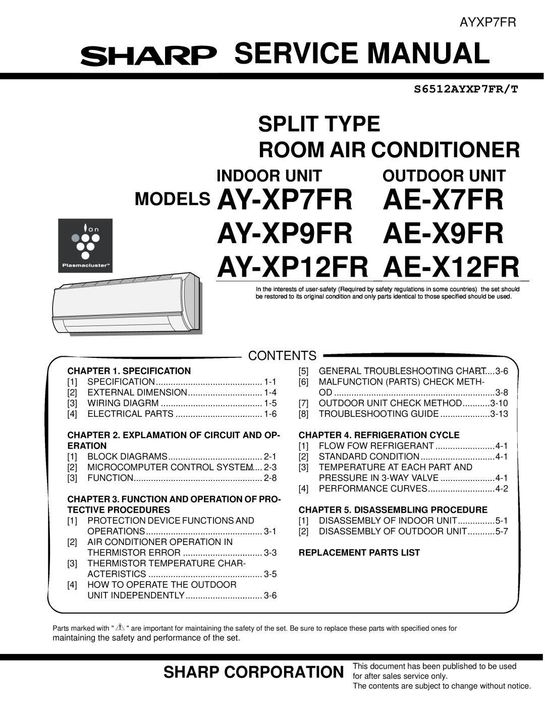 Sharp service manual Specification, Explamation Of Circuit And Op, Refrigeration Cycle, Eration, MODELS AY-XP7FR 