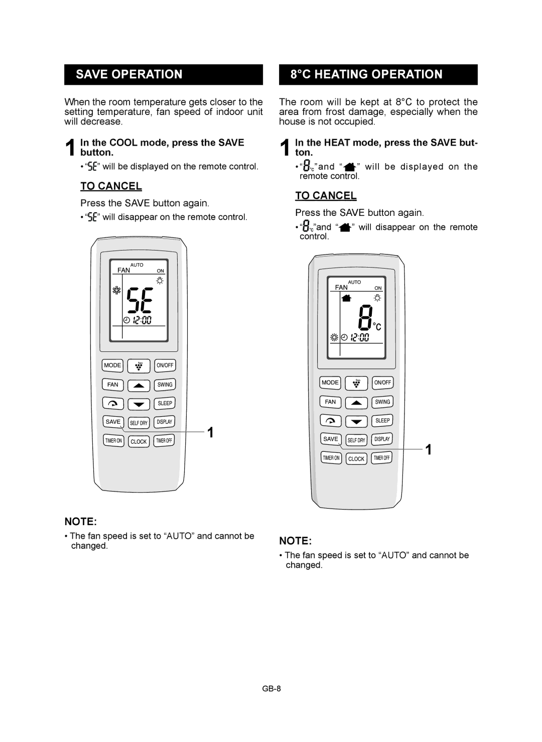 Sharp AE-X9RMR Save Operation 8C Heating Operation, Cool mode, press the Save button, Press the Save button again 