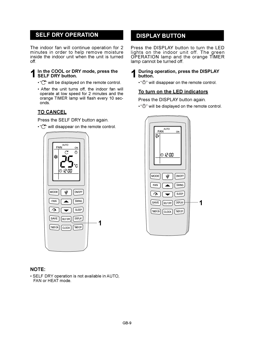 Sharp AE-X12RMR, AY-XP12RMR, AY-XP9RMR Self DRY Operation, Display Button, Cool or DRY mode, press the Self DRY button 