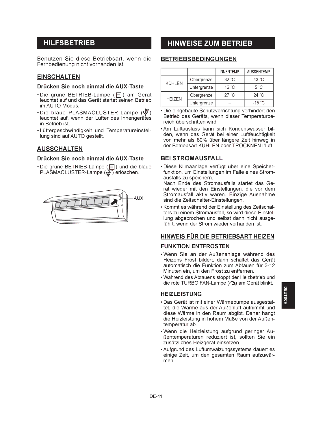 Sharp AY-XP9RMR, AY-XP12RMR, AE-X9RMR Hilfsbetrieb Hinweise ZUM Betrieb, Einschalten, Betriebsbedingungen, BEI Stromausfall 