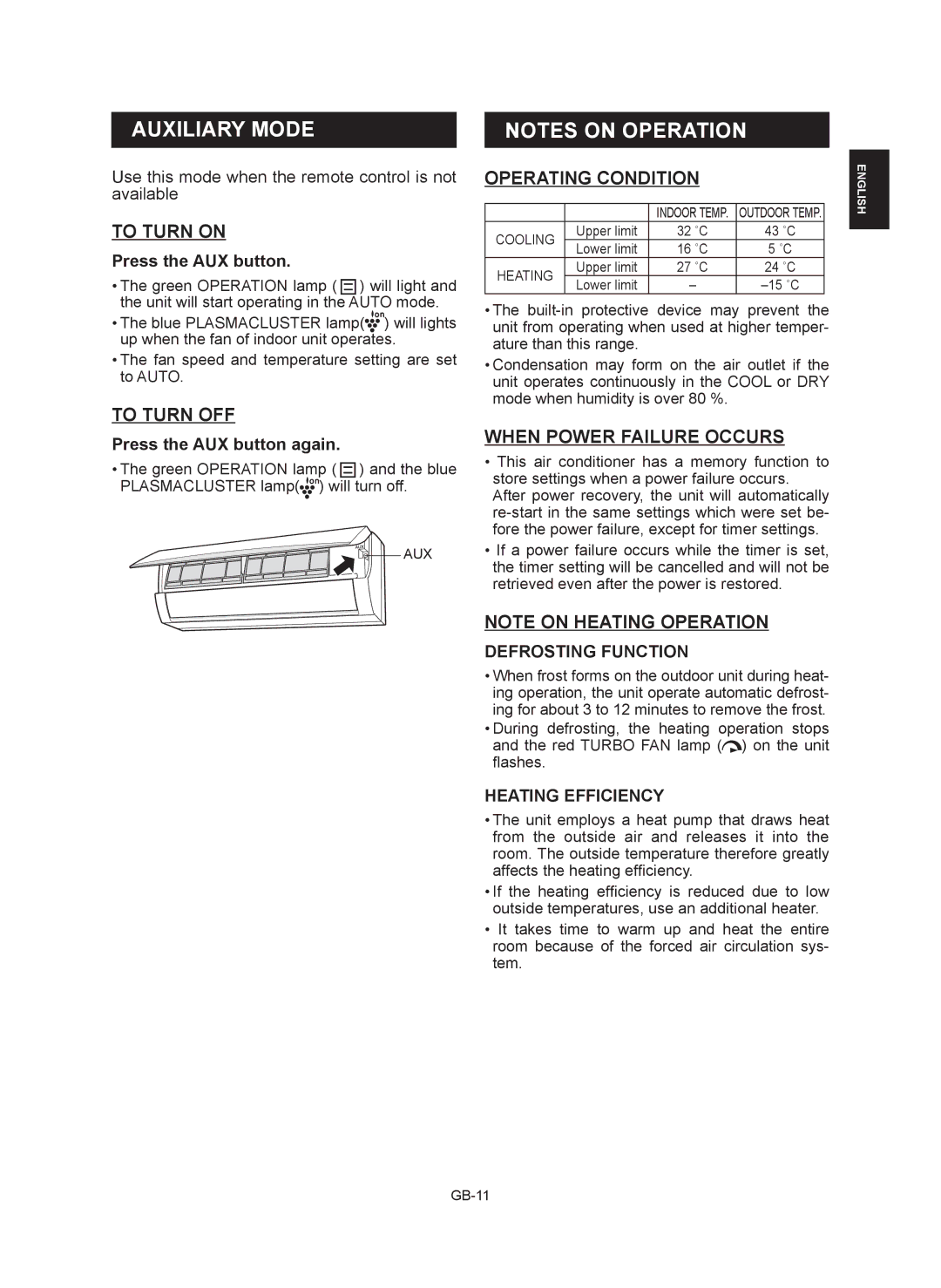 Sharp AY-XP9RMR, AY-XP12RMR, AE-X9RMR, AE-X12RMR Auxiliary Mode, To Turn on, Operating Condition, When Power Failure Occurs 