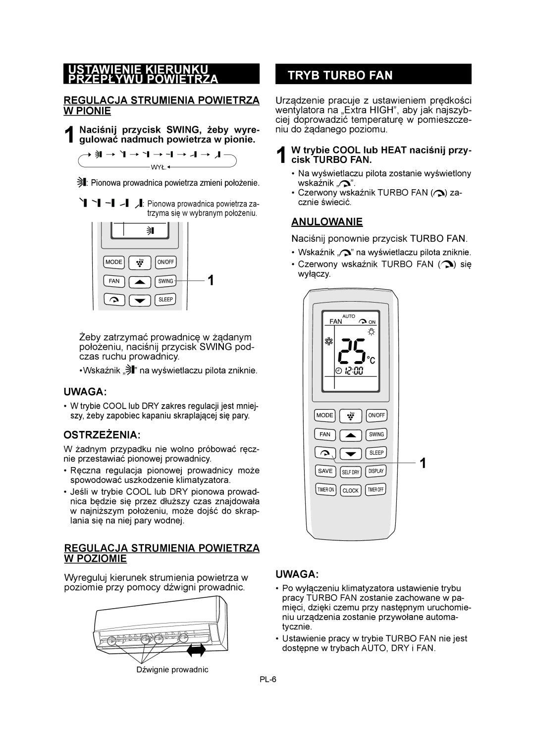 Sharp AE-X9RMR, AY-XP9RMR Ustawienie Kierunku Przepływu Powietrza, Tryb Turbo FAN, Regulacja Strumienia Powietrza W Pionie 