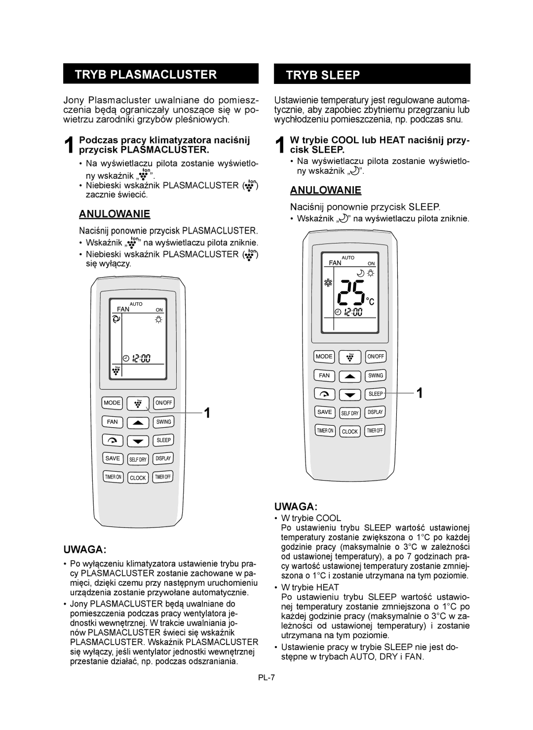 Sharp AE-X12RMR, AY-XP12RMR Tryb Plasmacluster Tryb Sleep, Podczas pracy klimatyzatora naciśnij przycisk Plasmacluster 