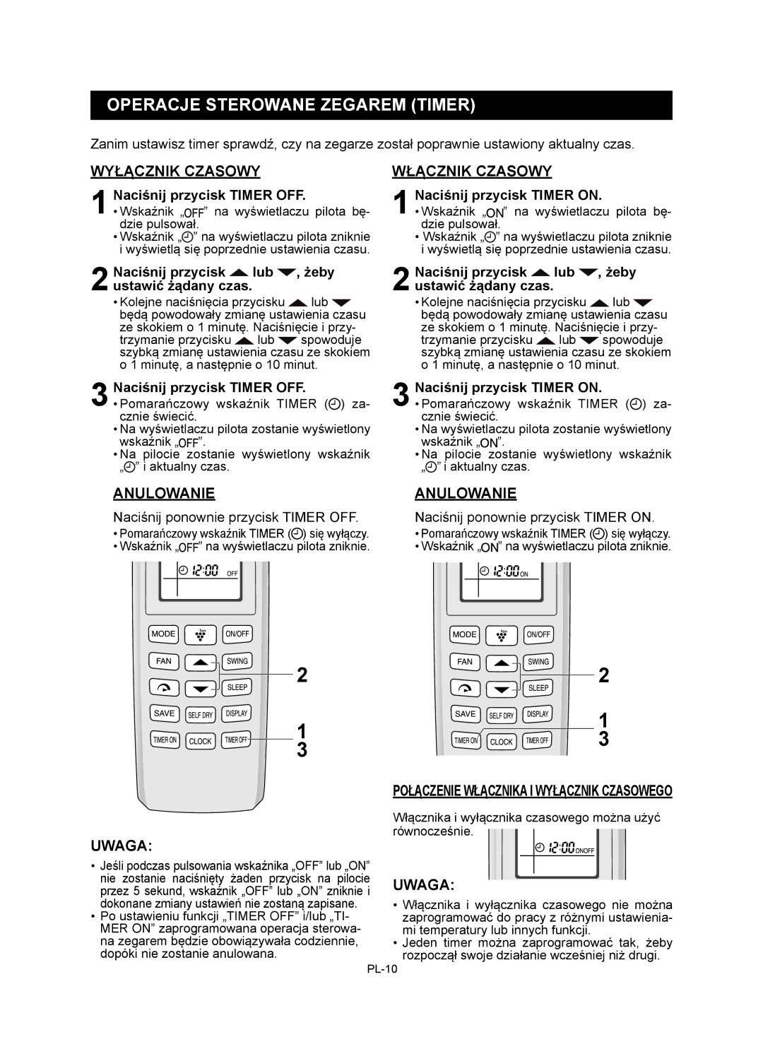 Sharp AE-X9RMR, AY-XP12RMR, AY-XP9RMR, AE-X12RMR Operacje Sterowane Zegarem Timer, Wyłącznik Czasowy, Włącznik Czasowy 