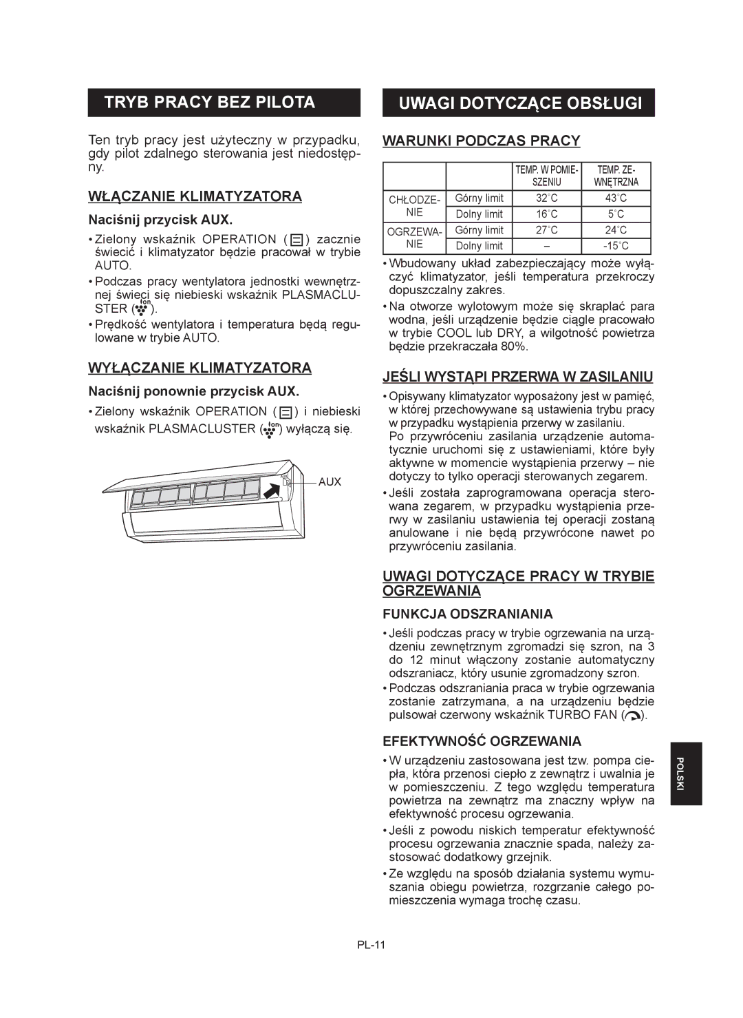 Sharp AE-X12RMR, AY-XP12RMR, AY-XP9RMR, AE-X9RMR operation manual Tryb Pracy BEZ Pilota, Uwagi Dotyczące Obsługi 