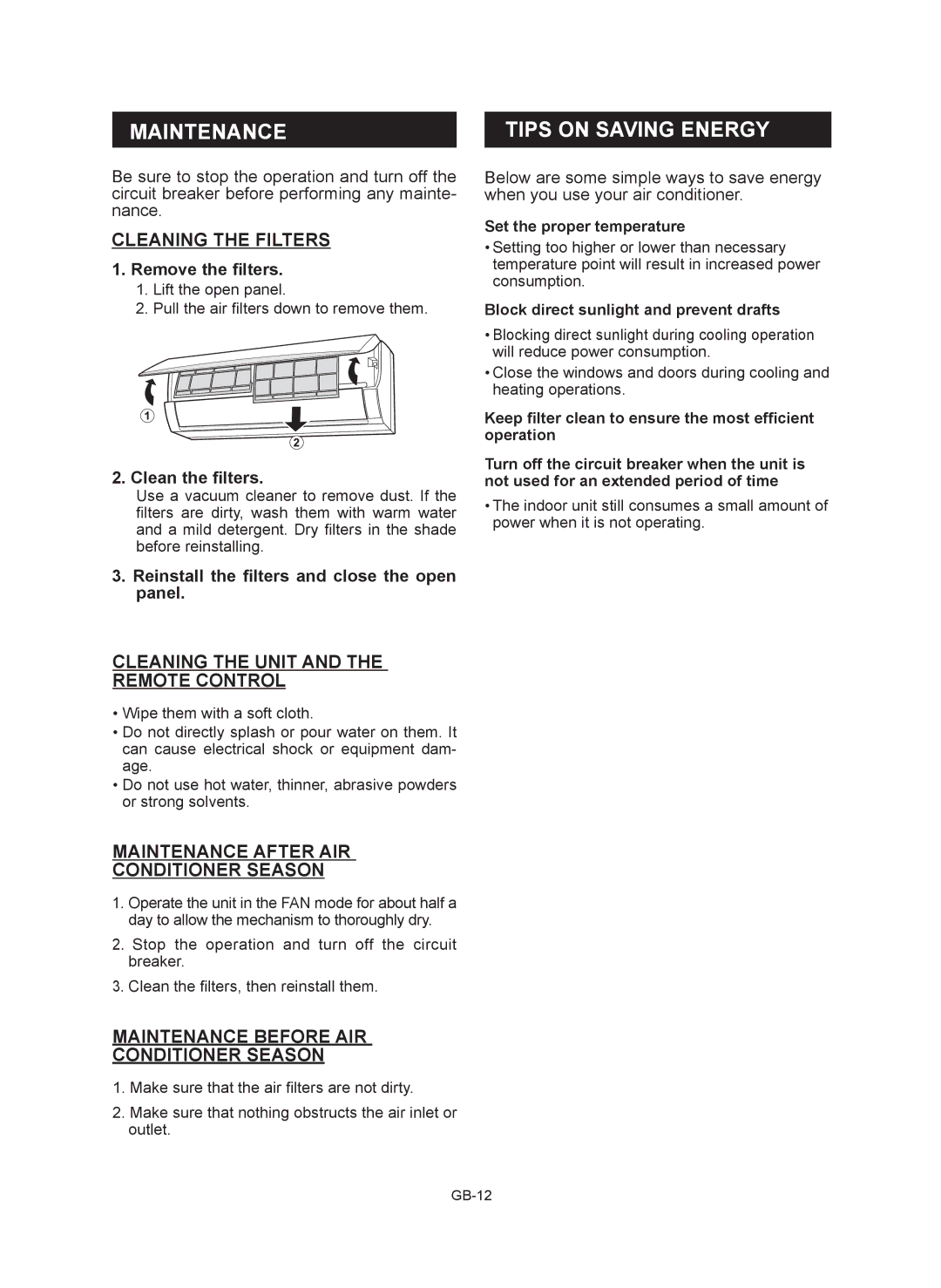 Sharp AE-X9RMR, AY-XP12RMR, AY-XP9RMR, AE-X12RMR operation manual Maintenance, Tips on Saving Energy 