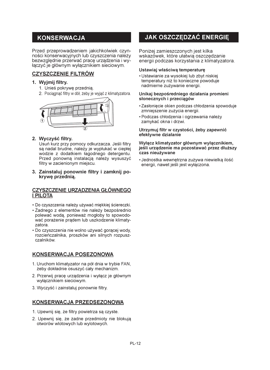 Sharp AY-XP12RMR, AY-XP9RMR, AE-X9RMR, AE-X12RMR operation manual Konserwacja, JAK Oszczędzać Energię 