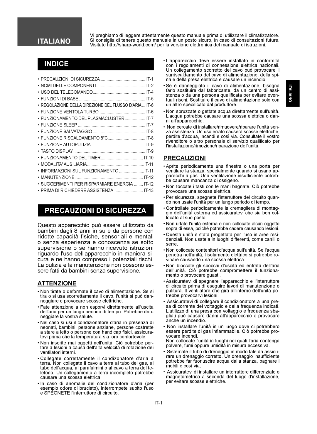 Sharp AY-XP9RMR, AY-XP12RMR, AE-X9RMR, AE-X12RMR operation manual Indice, Precauzioni DI Sicurezza, Attenzione 