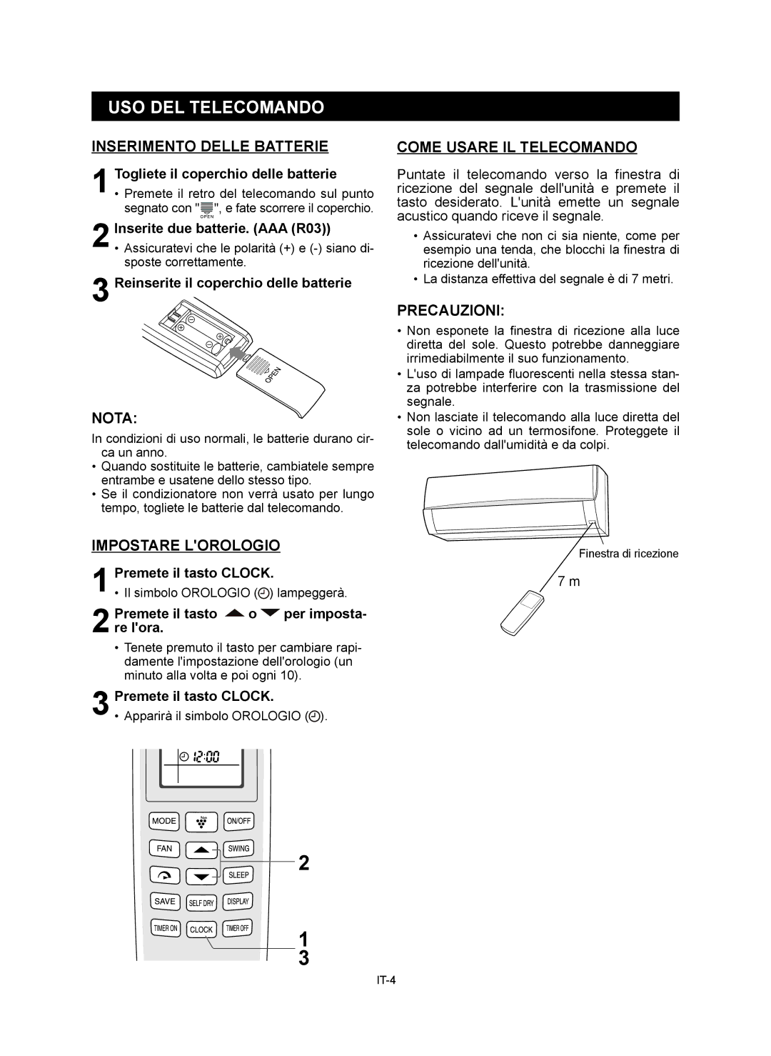 Sharp AY-XP12RMR, AE-X9RMR USO DEL Telecomando, Inserimento Delle Batterie, Impostare Lorologio, Come Usare IL Telecomando 