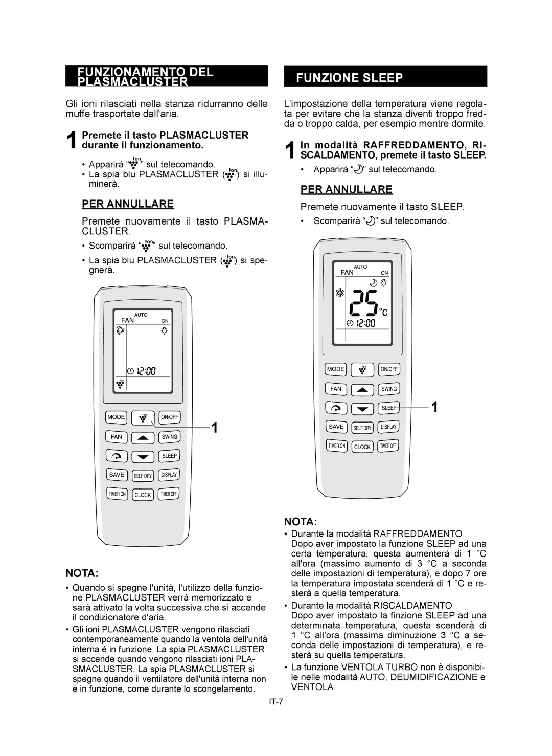 Sharp AE-X12RMR Funzionamento DEL Plasmacluster, Funzione Sleep, Premete il tasto Plasmacluster durante il funzionamento 