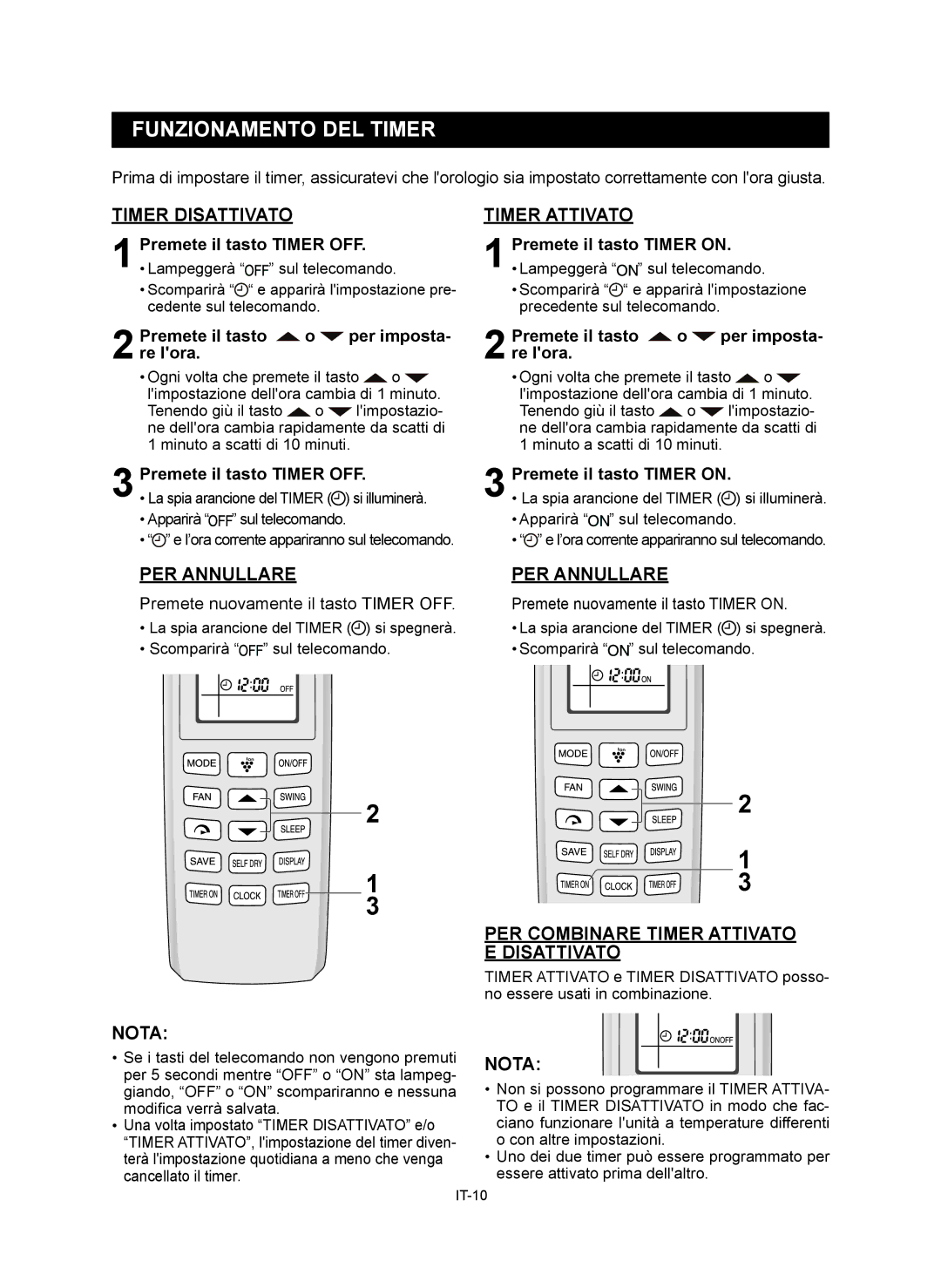 Sharp AE-X9RMR Funzionamento DEL Timer, Timer Disattivato Timer Attivato, PER Combinare Timer Attivato E Disattivato 