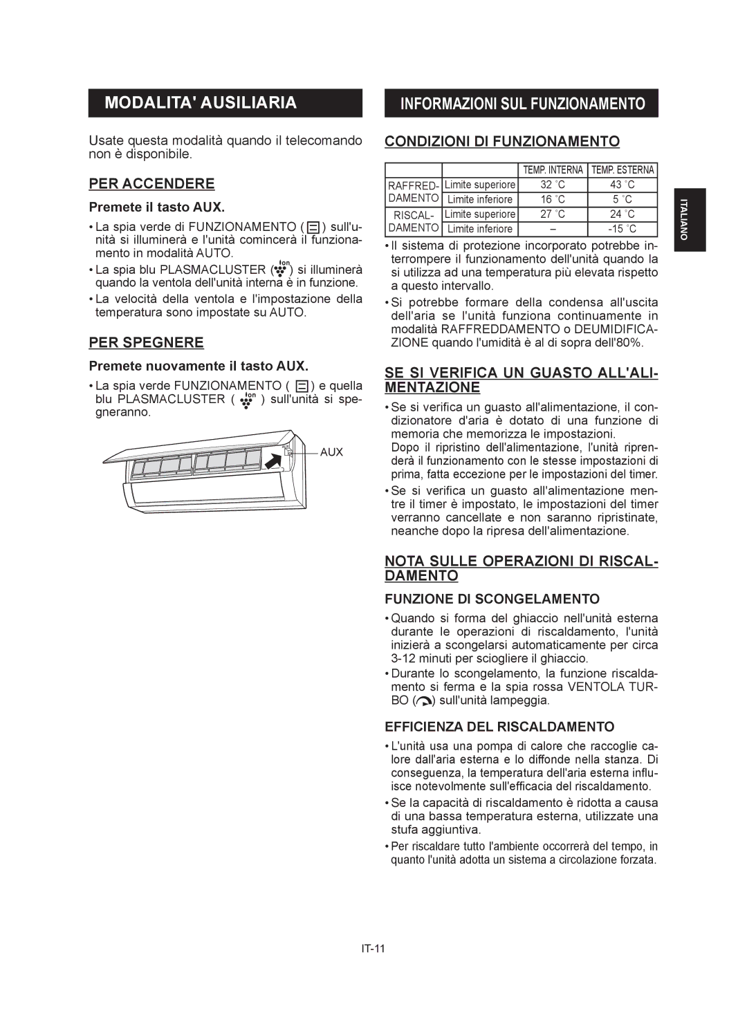 Sharp AE-X12RMR, AY-XP12RMR, AY-XP9RMR, AE-X9RMR operation manual Modalita Ausiliaria 