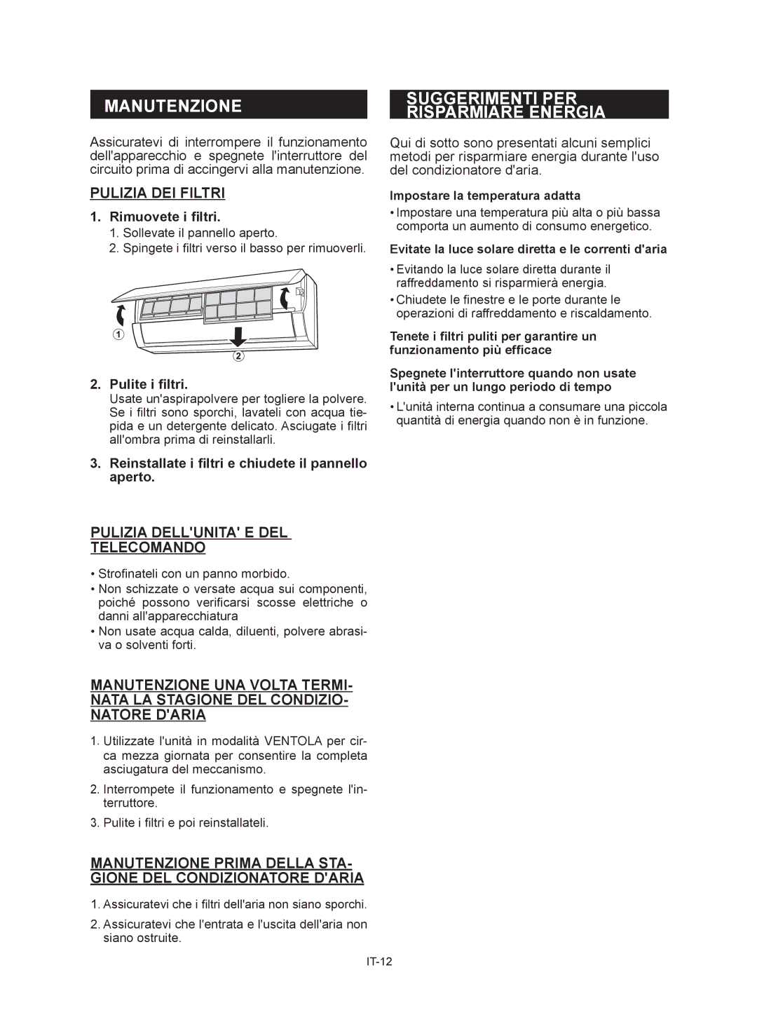 Sharp AY-XP12RMR, AY-XP9RMR, AE-X9RMR, AE-X12RMR Manutenzione Suggerimenti PER Risparmiare Energia, Pulizia DEI Filtri 